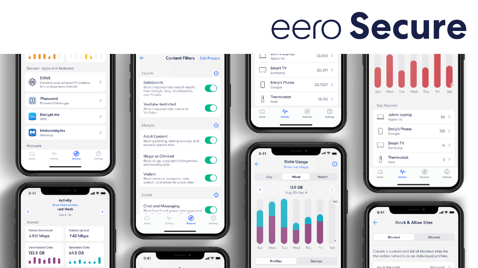 Picture shows multiple mobile phones with screens from the eero app showcasing eero Secure functionality. eero Secure logo in the corner.